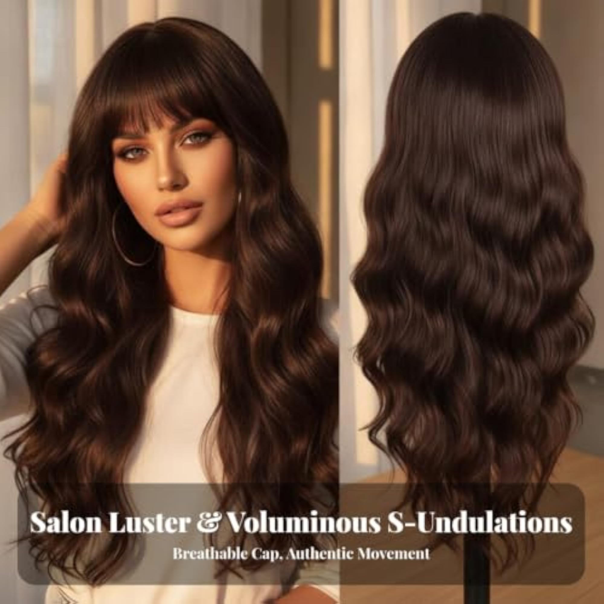 Women's Heat-Resistant Long Wavy Synthetic Hairpiece with Bangs