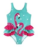 Ghteas Toddler Ruffled Hem Sleeveless One Piece Lake Blue Swimsuit for Infant Girls Swim Suit with Two Flamingos Fashion Baby Girl Bathing Suit 18 Month