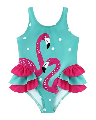 Ghteas Toddler Ruffled Hem Sleeveless One Piece Lake Blue Swimsuit for Infant Girls Swim Suit with Two Flamingos Fashion Baby Girl Bathing Suit 18 Month