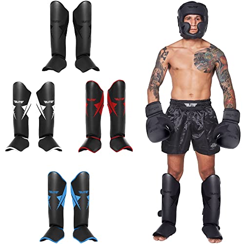 Elite Sports Muay Thai Shin Guards Kickboxing MMA Muay Thai Protective Shin Pad Leg Guards (Black, S-M)