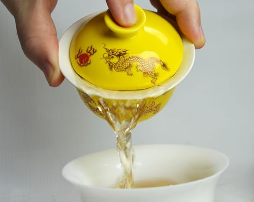 Liang baobao Dragon Gaiwan Tea Cup 4oz Porcelain Teacup Gongfu Tea Cups Tureen Chinese Sancai Cover Bowl Lid Saucer Set (Yellow Dragon)