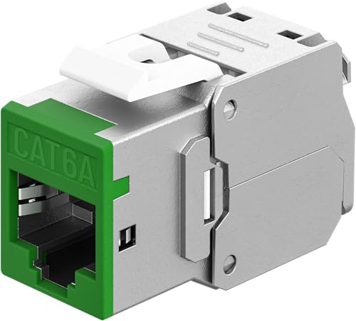 goobay RJ45 Kupplung Keystone RJ45 LAN Kabel Verbinder - Slim STP Modul, 16,6 mm breit, werkzeugfreie LSA-Montage, CAT 6A, PoE+ tauglich, Zink-Druckgussgehäuse, 10-Gigabit Ethernet, grün - 77945