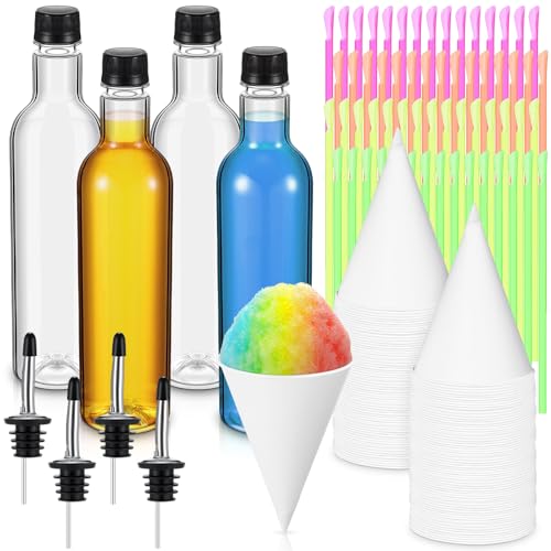 Silkfly 208 Pcs Shaved Ice Party Kit 6oz 100 Snow Cone Cups 100 Spoon Straws 4 Long Neck Plastic Bottles in 750ml 4 Bottle Pourers Disposable Cone Cups for Hawaiian Holiday Summer Beach Birthday