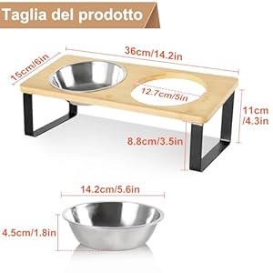 GUUSII HOME Ciotole per Gatti Rialzate Ciotola Gatto Acciaio inox Legno 15° Inclinate Gatto Set di Doppio Ciotole per Alimenti Ø14,2cm con Supporto Bambù Inclinato Antiribaltamento - immagine 2
