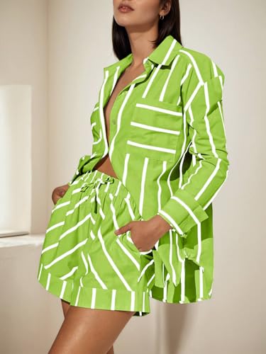 Image of Tankaneo Womens Striped 2 Piece Outfits Button Down Shirts and Shorts Lounge Matching Sets