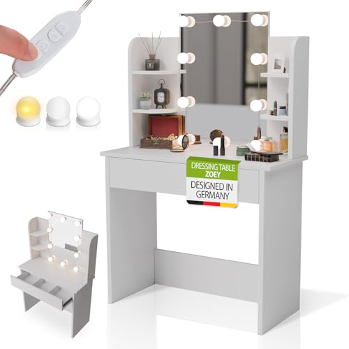 Juskys Tavolo da trucco Zoey con LED – Specchio grande con cornice, cassetto e ripiani – toeletta moderna e compatta – Bianco – con luce regolabile