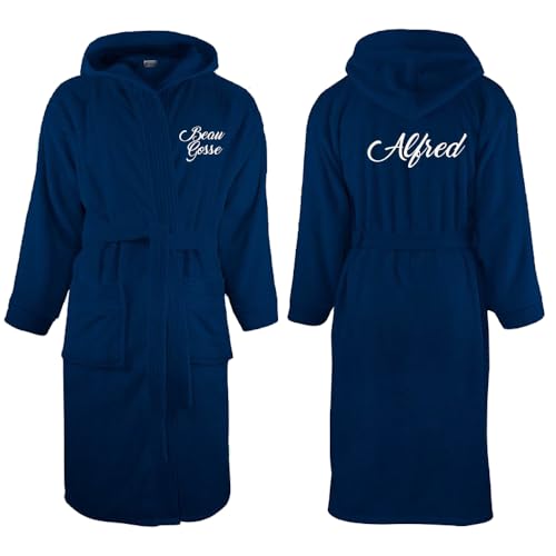 VANEVITCH Peignoir à capuche personnalisé avec un prénom, en éponge 340 gr 100% coton (L/XL, Bleu marine)