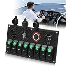 Geloo 8 Gang Marine Rocker Switch Panel, Boat Switch Panel Waterproof, 12V Switch Panel Toggle Switches Panel with LED Circuit Breaker 3.1A USB Charger Voltmeter ON/Off for Car Rvs Vehicles Green