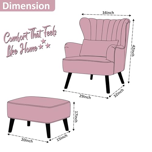 Image of Modern Velvet Wingback Accent Chair with Ottoman & Cushion for Living Room | Premium Upholstered Lounge Chair with Footrest |Rose Pink