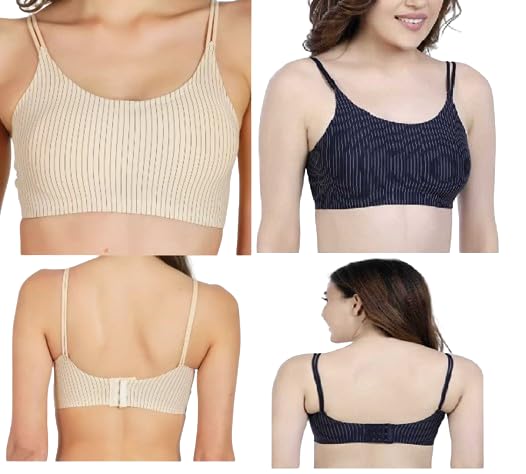 OK INTERPRISES Women Nylon Padded Non-Wired Air Sports Bra - Free Size - Pack of 2 -Skin and Black-image-47