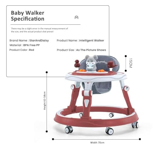 StarAndDaisy 360 Baby Walker 6-24 Months / 7 Level Height Adjustment Walker for Kids Boy and Girl with Switchable Food & Musical Toy Tray/Premium Baby Activity Walker - Red