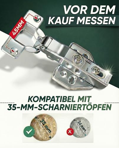 Scharniere für Schranktüren Soft-Close 35 mm Eckanschlag 110° (16 Stück) – Topfscharniere Standardgröße mit Dämpfer – Schrankscharniere & Möbelscharniere