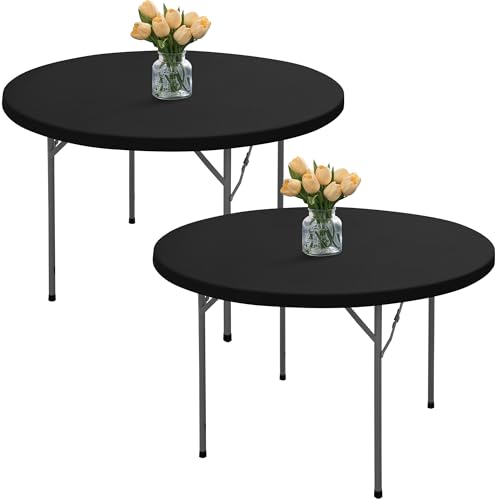 RichSets Fitted Round Table Cover with Elastic: 2-Pack Black Round Tablecloths 60 Inch, Windproof & Non-Slip Dining Circle Table Protector for Outdoor Picnic, Party, Event