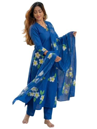 GoSriKi Women's Viscose Blend Straight Printed Kurta with Pant and Dupatta (Omana Blue-FBA-GS_XL_Blue_X-Large)