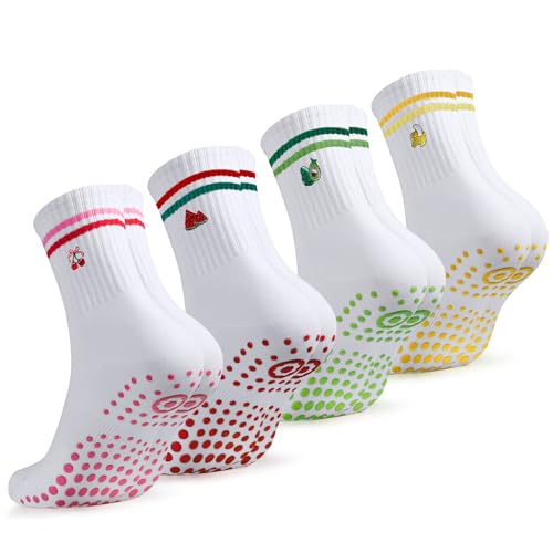 YORJOSOX Pilates Grip Socks for Women Yoga 4 Pairs Women Crew Socks Fruit Embroidery Athletic Barre Workout