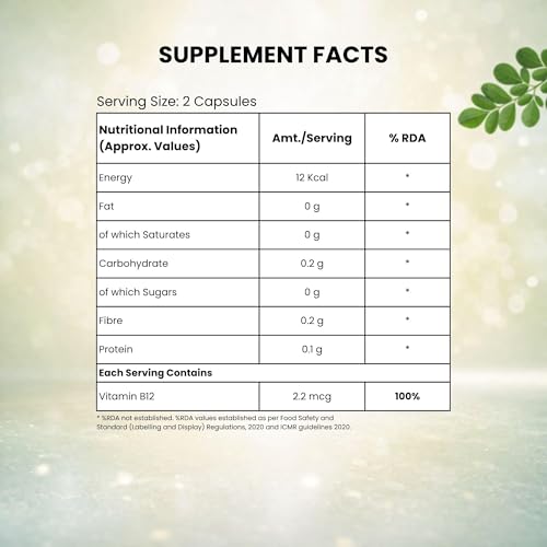 Image of Vitamin B12 Supplements | Vegan Vitamin B12 tablets | With Moringa,Spirulina,Alfalfa,Wheatgrass, Amla & Superfoods | Energy and Vitality Natural B12 Supplement for Adults Vegetarian Friendly Formula for Daily Routine |60 Veg Capsules 2.2 MCG (Plant Based)(Pack of 2)Total=2x60=120