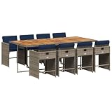 Kaorsrow 9 Piece Garden Dining Set, Grey Poly Rattan Patio Furniture with Acacia Wood Tabletop, Space Saving Outdoor Dining Set with 8 Wicker Chairs and Navy Cushions