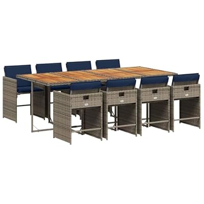 Kaorsrow 9 Piece Garden Dining Set, Grey Poly Rattan Patio Furniture with Acacia Wood Tabletop, Space Saving Outdoor Dining Set with 8 Wicker Chairs and Navy Cushions