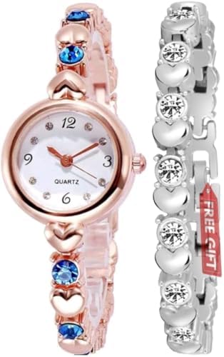 Acnosยฎ Premium Girl's Special Quality Different Heart Shape Bangle Analog Watch with Rose Gold Bracelet - Pack of 2