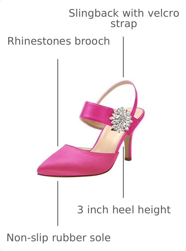 Image of ERIJUNOR Mid Heel Shoes for Women Pointed Toe Slingback Rhinestone Brooch Satin Dress Pumps Evening Prom Wedding Shoes