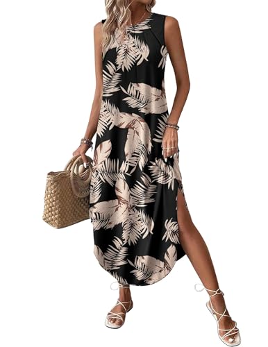 Zeagoo Women Floral Summer Casual Beach Printed Tank Dress with Pockets Pleated Front Long Dress