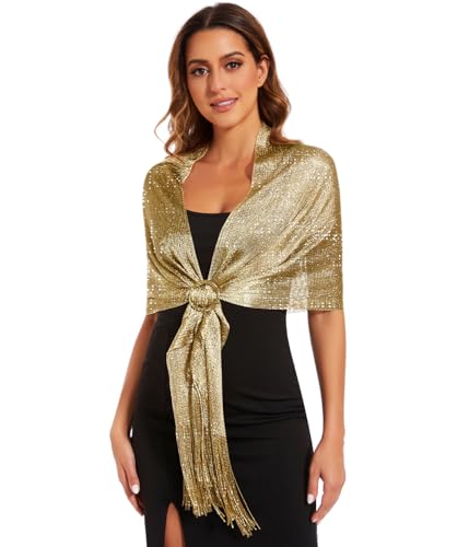 KUNINDOME Sparkling Metallic Shawls and Wraps with Buckle,for Evening Party Wedding Bride Bridesmaid, Gold
