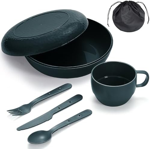 Berglander Camping Mess Set mit Schüssel, Teller, Tasse, Löffel, Gabel, Messer und Tragetasche, Campingzubehör Ausrüstung für Reisen, Picknick, einfach zu transportieren und zu rei