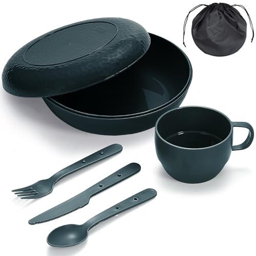 Berglander Camping Mess Set mit Schüssel, Teller, Tasse, Löffel, Gabel, Messer und Tragetasche, Campingzubehör Ausrüstung für Reisen, Picknick, einfach zu transportieren und zu reinigen (Grün)