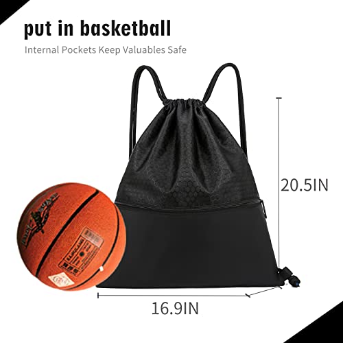 Vipoko Drawstring Backpack Water Resistant String Basketball Volleyball Bag Sack Sports Gym Sackpack With Side Pocket For Men Women Black #TOP3