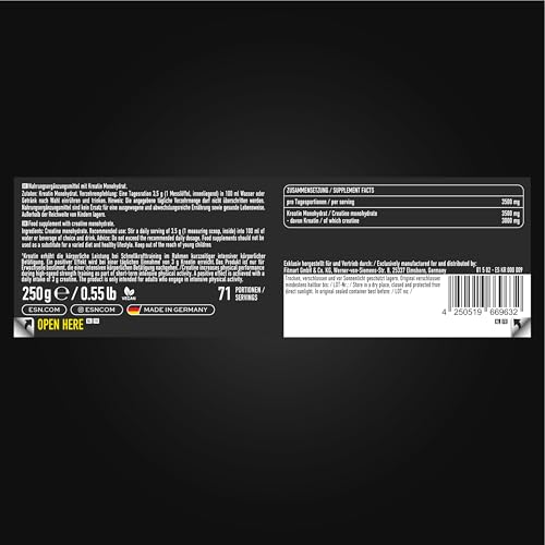 ESN Ultrapure Creatine Monohydrate, 250 g, 71 Portionen, Creatin Pulver, mikrofein & optimal löslich, vegan - made in Germany (Design kann variieren)