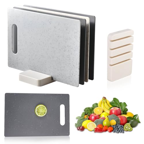 Pmueuff Planche a Decouper Plastique, Lot de 4 Planches à Découper avec Support de Planche Découper Antidérapant et Poignée pour Viande, Poisson, Légumes, Fruits, Pain, Lavable au Lave-Vaisselle