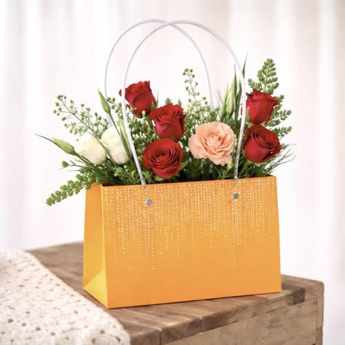 Image of Oasis Pack of 10 Orange Texture Print Flower Hamper Bags | Premium Floral Packaging Bags for Rakhi Gift Hampers, Flower Bouquets, Wedding, Return Gifts, Decorative Presentation & Florist Supplies