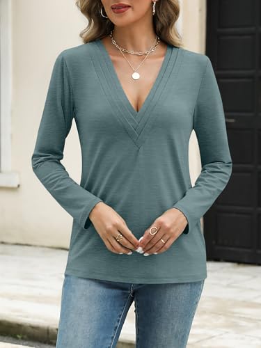 EasyGala Womens Deep V Neck Long Sleeve Shirts Pleated Dressy Casual Tops Sexy Loose Fit T Shirt Dark Green Large — view 4