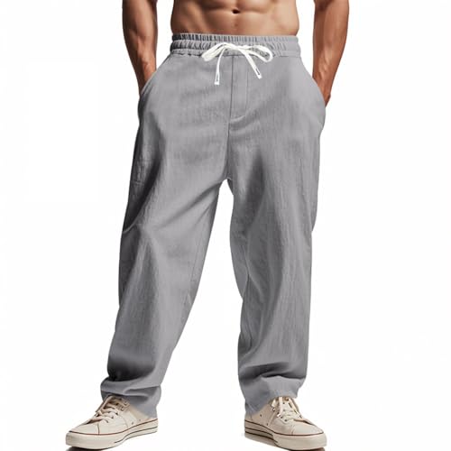 Linen Pants Men Wide Straight Leg Casual Loose Fit Baggy Elastic Waist Drawstring Summer Lightweight Vacation Pants