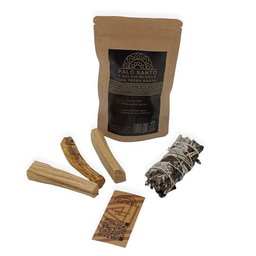 Palo Santo de Perú 3 Palos + Manojo de Salvia Blanca – Limpieza Energética, Ritual Espiritual, Armonización del Hogar, Incienso Natural, Camino de Costeras