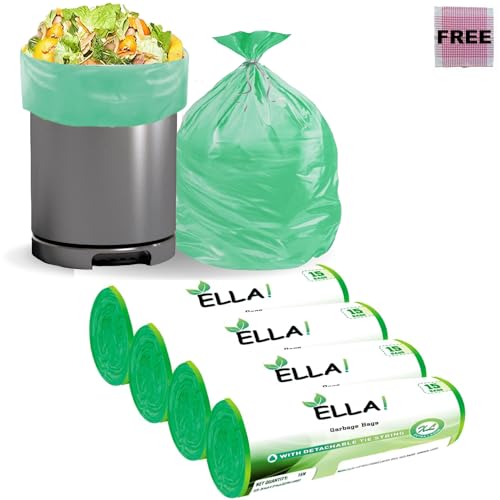 Image of Ella Garbage Bags 30 x 37 Inches (Extra Large) 60 Bags 4 Rolls | Leak Proof & Tear Resistant Trash Bags for Kitchen & Home | Dustbin Bags For Dry & Wet Waste Green Color With Check Duster Cloth Free