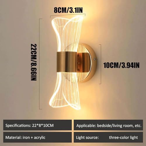 Image of SAH Modern Inbuilt LED Wall Sconce Light Gold Finish, Up and Down Wall Mounted Fixture Acrylic Shade, Decorative Indoor Wall Lamp for Living Room, Bedroom, Hallway, Bathroom (3 Lighting Mode)