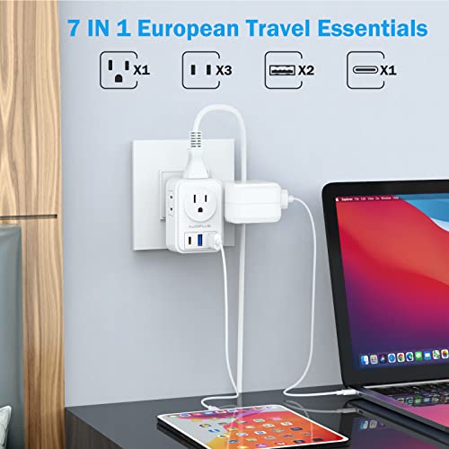 European Travel Plug Adapter, Auoplus International Power Plug Adapter With 3 Usb Ports (1 Usb C), 4 Ac Outlets Cruise Ship Essentials For Us To Most Of Europe Spain Italy France Germany #TOP3