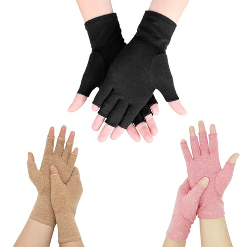 Benaewa 3 Pairs Arthritis Gloves Women Men, Fingerless Compression Gloves for Raynauds Relief (Black Pink Coffee Medium)