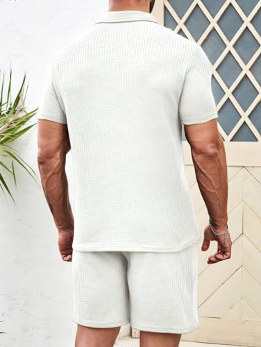 Men's 2 piece Casual outfit's Waffle Knit polo shirt's and short's set summer two pieces knitted sets4