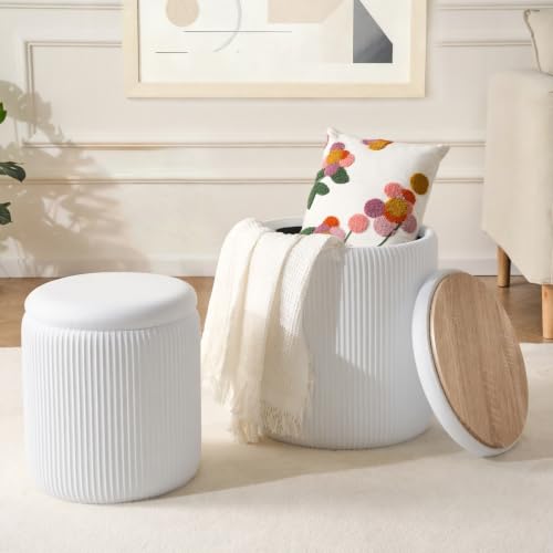 2BYF Round Ottoman with Storage Set of 2 White Vanity Stool with Tray