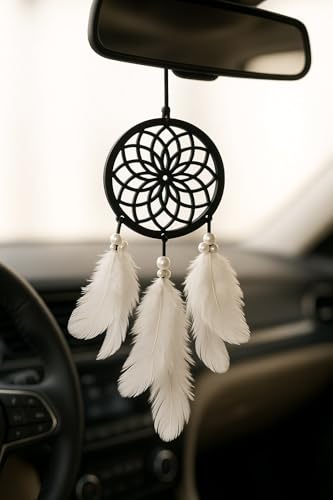 Image of Handmade Dream Catcher Car Ornament - Stylish Rear View Mirror Hanging Accessory - Elegant Car Interior Decoration - Good Luck & Positive Energy Charm (1, Flower)