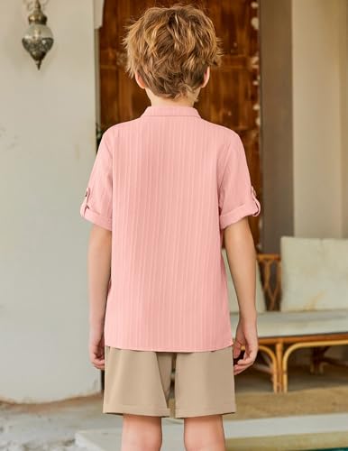 Image of Arshiner Boy's 2 Piece Beach Outfit Short Sleeve Textured Button Down Shirt and Short Sets Summer Vacation Wear 4-12 Years