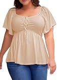 Eytino Womens Plus Size Tops Sweetheart Neck Short Sleeve Shirred Peplum Blouse Shirts Trendy Spring Summer Outfits,2X Beige