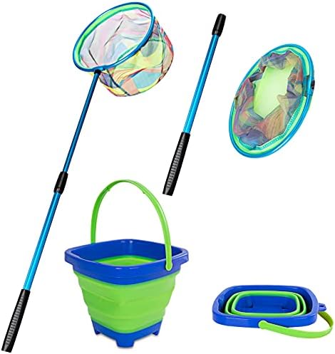 Kids Fishing Net, Telescopic Landing Net with Aluminum Pole Handle, Collapsible Bucket Kids Sand Pail, Butterfly Nets for Kids Fishing Net for Kids, Outdoor Play (Blue)