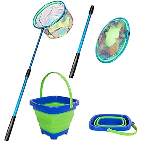 Kids Fishing Net, Telescopic Landing Net with Aluminum Pole Handle, Collapsible Bucket Kids Sand Pail, Butterfly Nets for Kids Fishing Net for Kids, Outdoor Play (Blue) Cover