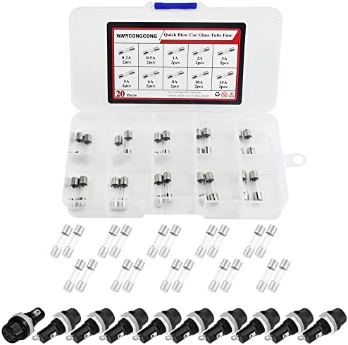 WMYCONGCONG 10 Pcs AC 250V 10A/AC 125V 15A Panel Mounted 5x20mm Screw Cap Fuse Holder Socket with 20 PCS Glass Tube Fuse Kit (10 Value)