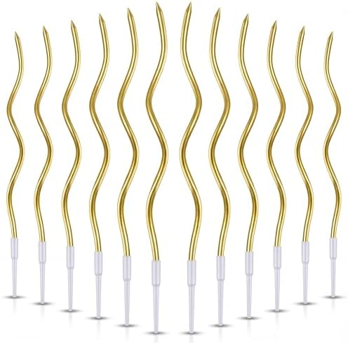 12 Pieces Gold Spiral Birthday Candles, Long Thin Metallic Twisted Cake Candles with Holders, Cake Toppers for Birthday Wedding Decorations, Anniversary and Parties