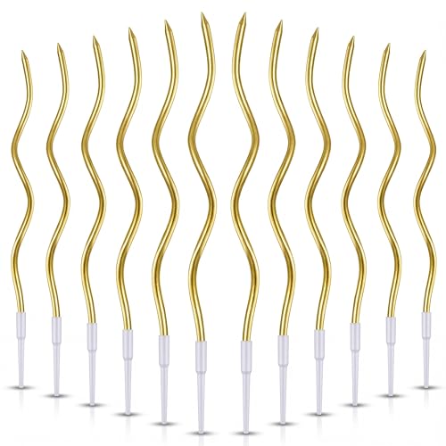 EXPBROZ 12-Pack Long Twisted Gold Spiral Birthday Candles with Holders – Metallic Thin Cake & Cupcake Candles for Birthday, Wedding, Party, Anniversary & Celebrations