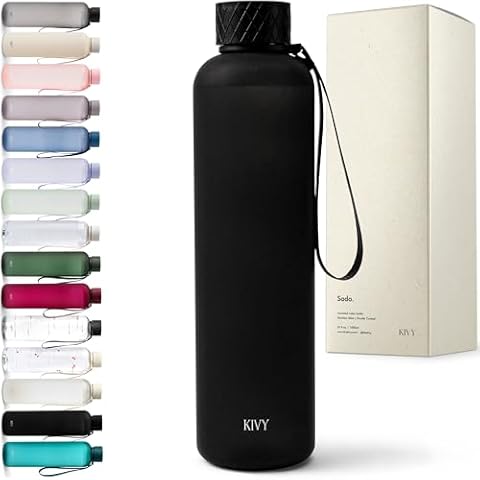 KIVY Slim Water Bottle 32oz [Lightweight & Shatterproof] Fits Backpack & Cupholder for Travel, Sports, School, Gym - Black water bottle no straw - Mens water bottle screw top - Dishwasher Safe Cover